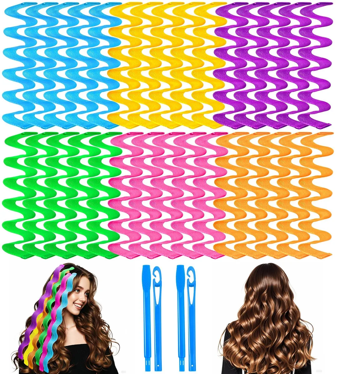 Thirty 55 cm heatless curlers in six colours with two styling hooks
