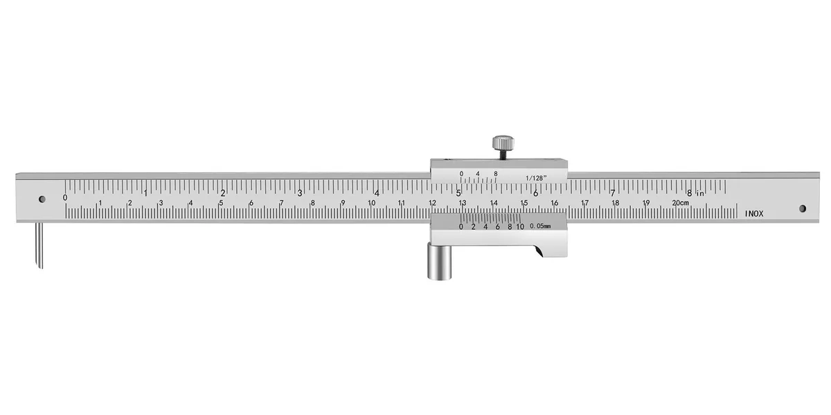 Stainless steel vernier caliper with carbide scriber, 20 cm scale