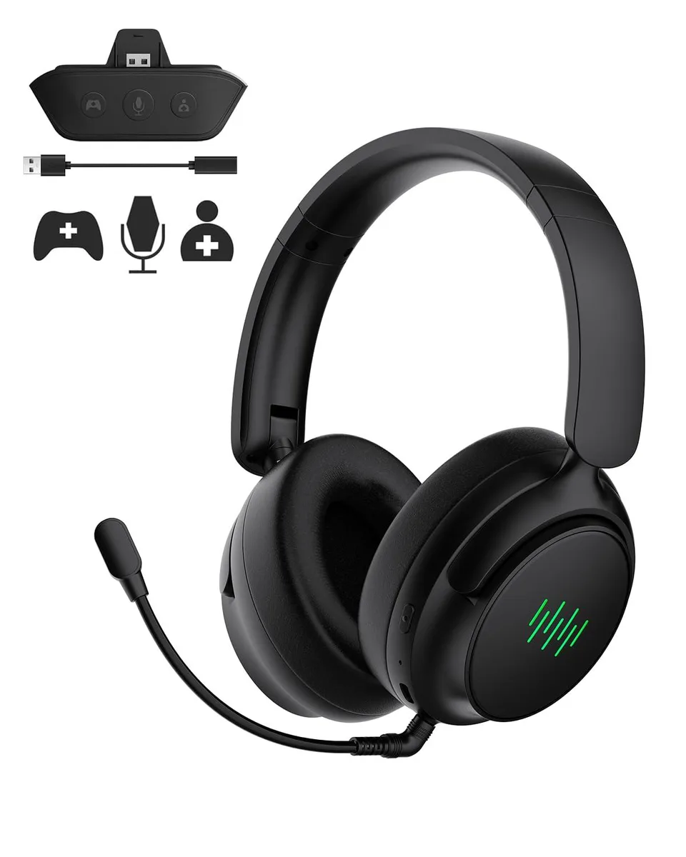 Black foldable over-ear wireless headset with green LED accents and detachable boom microphone