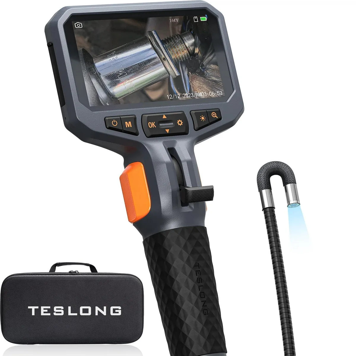 Black articulating borescope with 4.5 inch IPS screen and 5ft flexible gooseneck probe