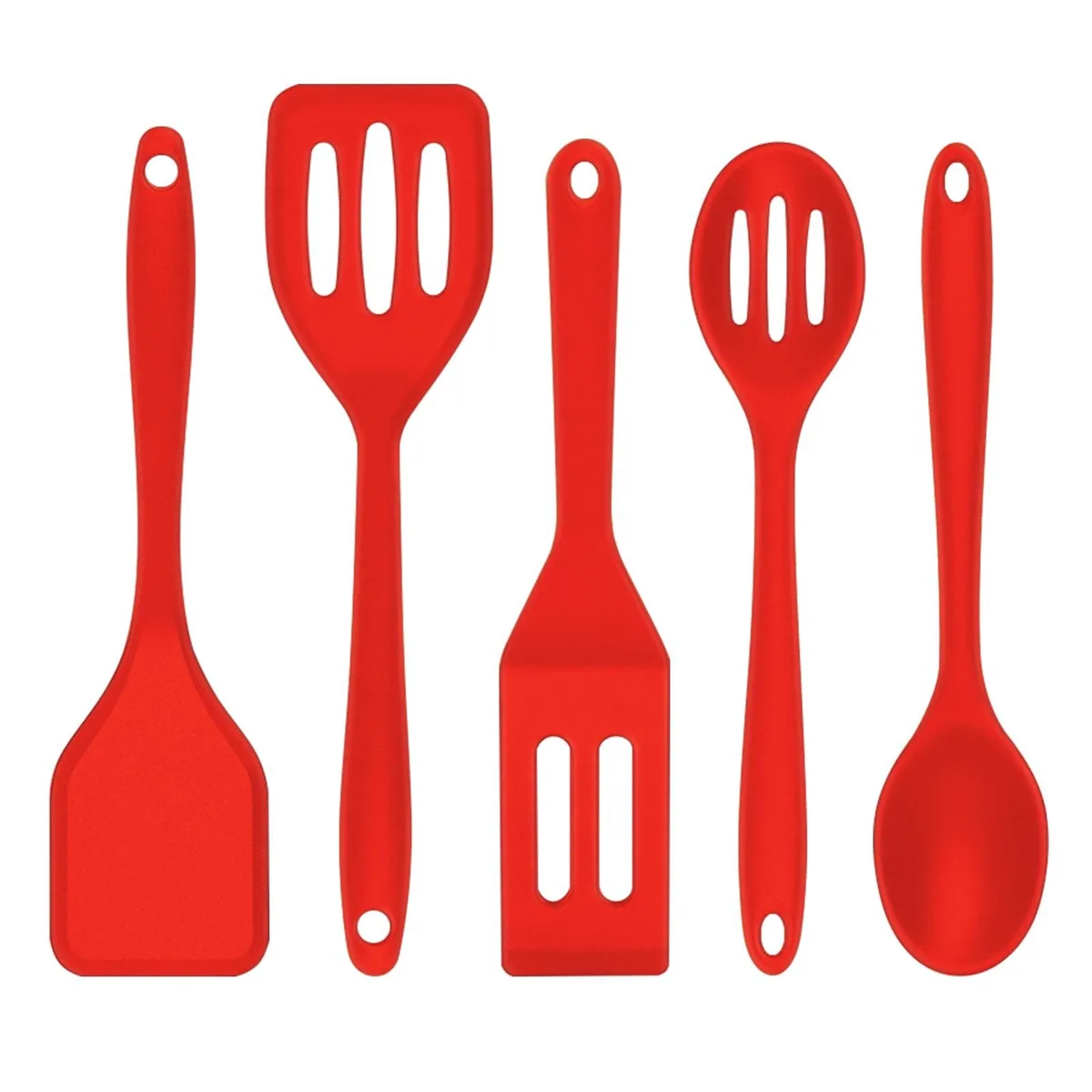 Five red silicone mini spatulas and spoons, 8 inches long, with hang holes