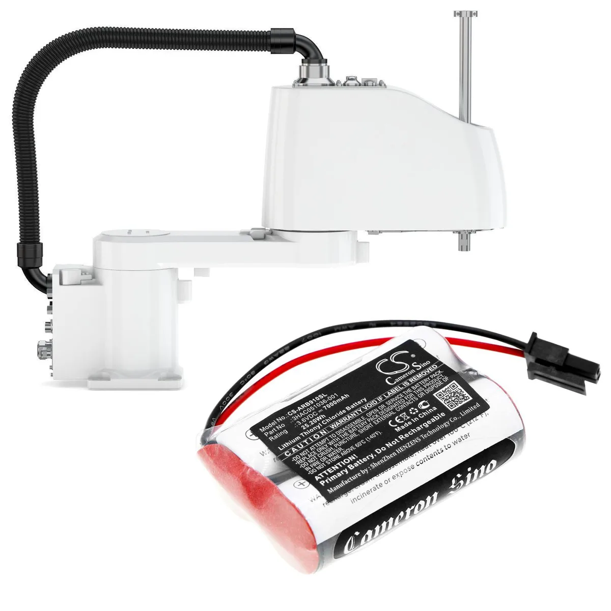 Rectangular replacement battery pack with dark plastic casing and label text