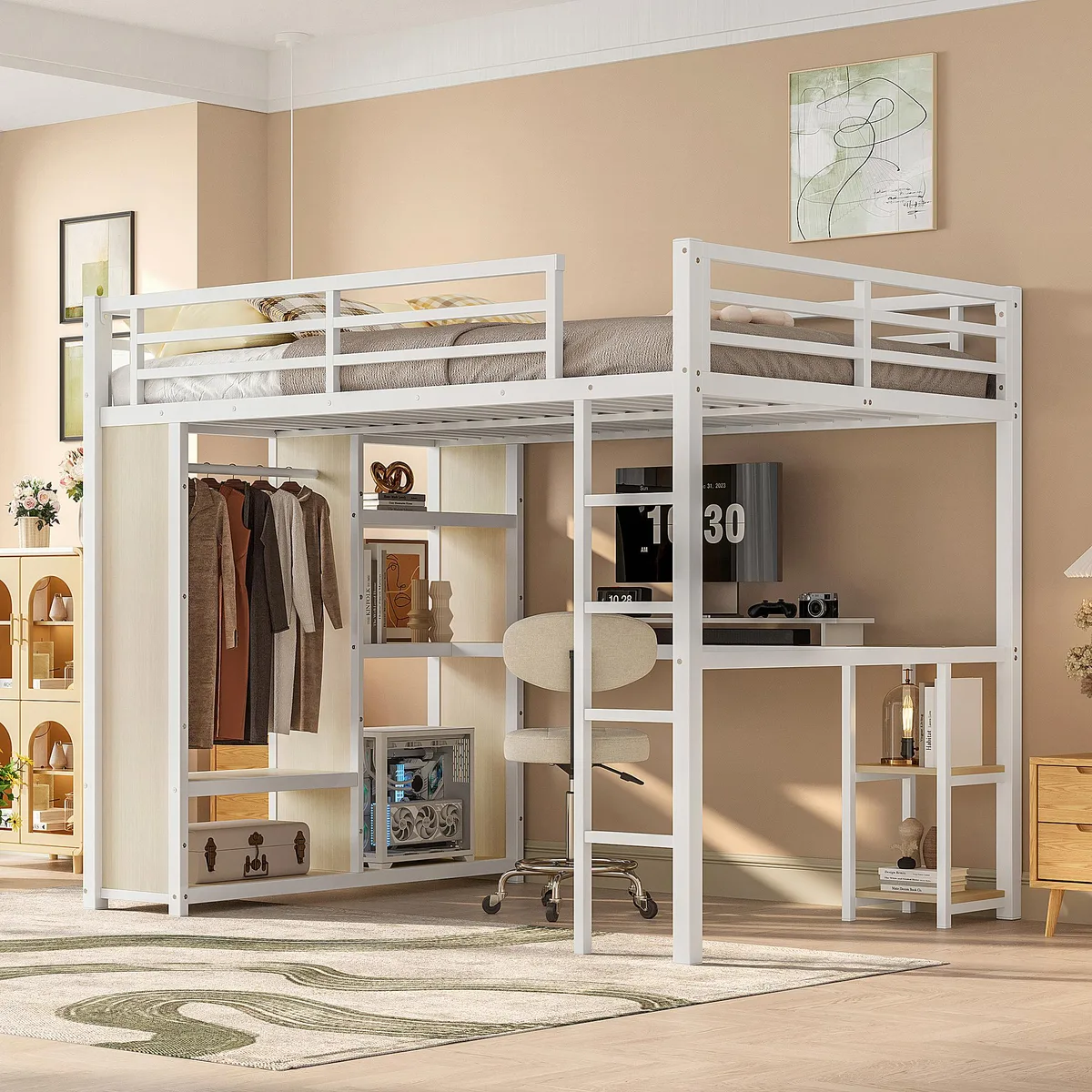 tuphen tuphen Queen Loft Bed Frame with Wardrobe Desk Shelves White Wood-grain — product photo