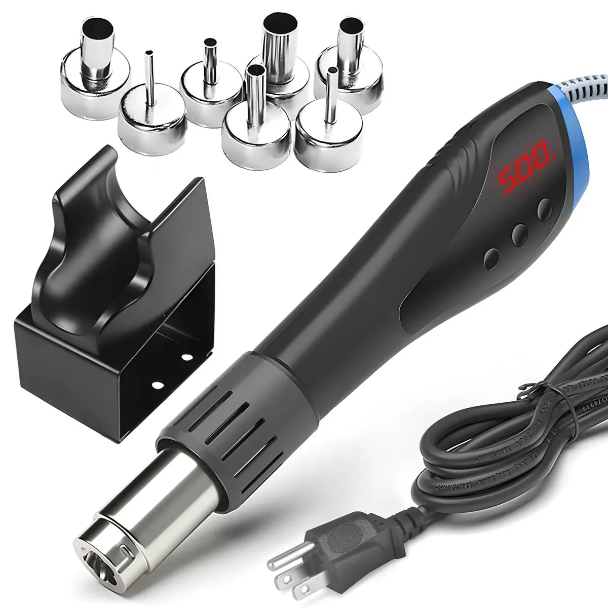 Black mini heat gun with LCD display and reflector nozzles