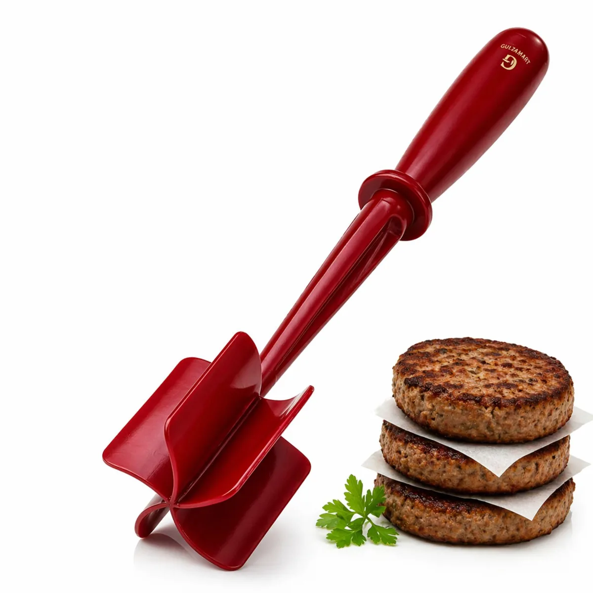 Red nylon meat chopper with five wide blades and ergonomic handle