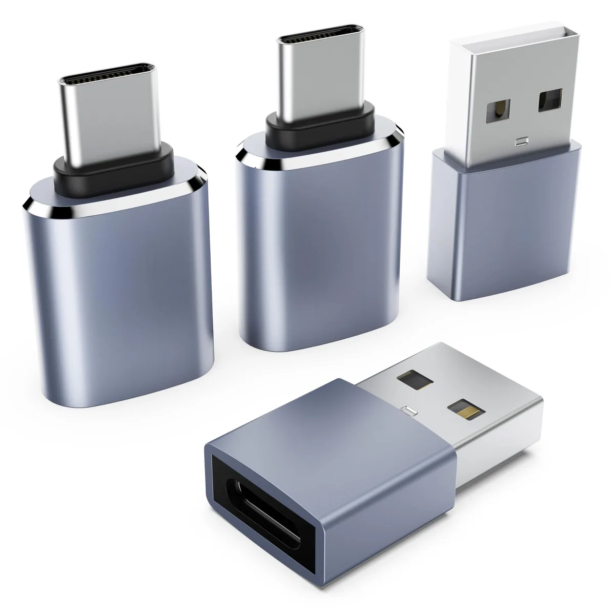 Four light gray USB-C converters, two each of USB-C to USB-A and USB-A to USB-C, aluminum alloy bodies