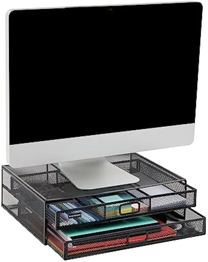TAURKENAM TAURKENAM Monitor Stand with 2-Drawer File Storage, Black, 15.75 x 11.75 x 4.5 in — product photo