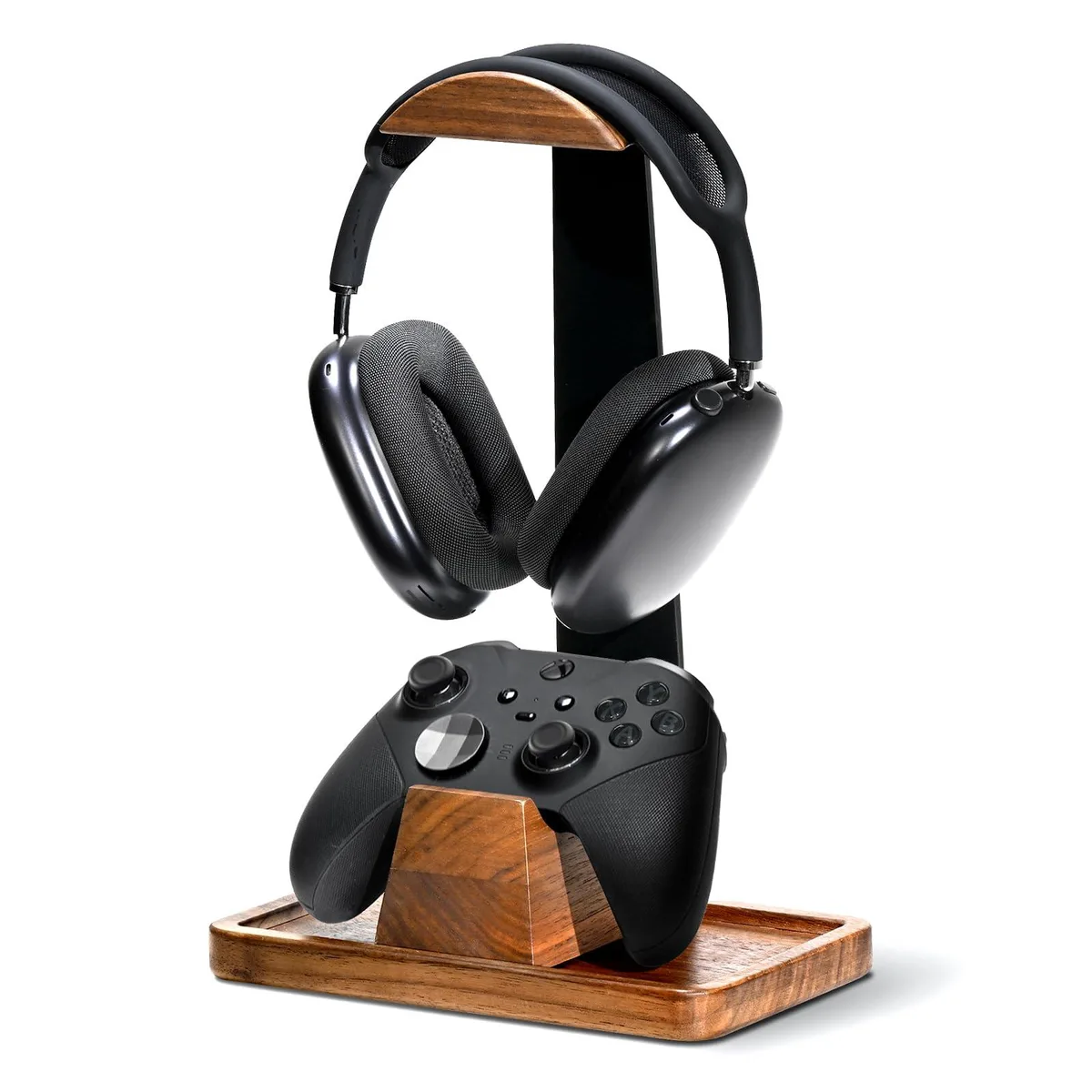 Walnut wood headset stand with black aluminium support and controller holder, white LED, 1.139 kg