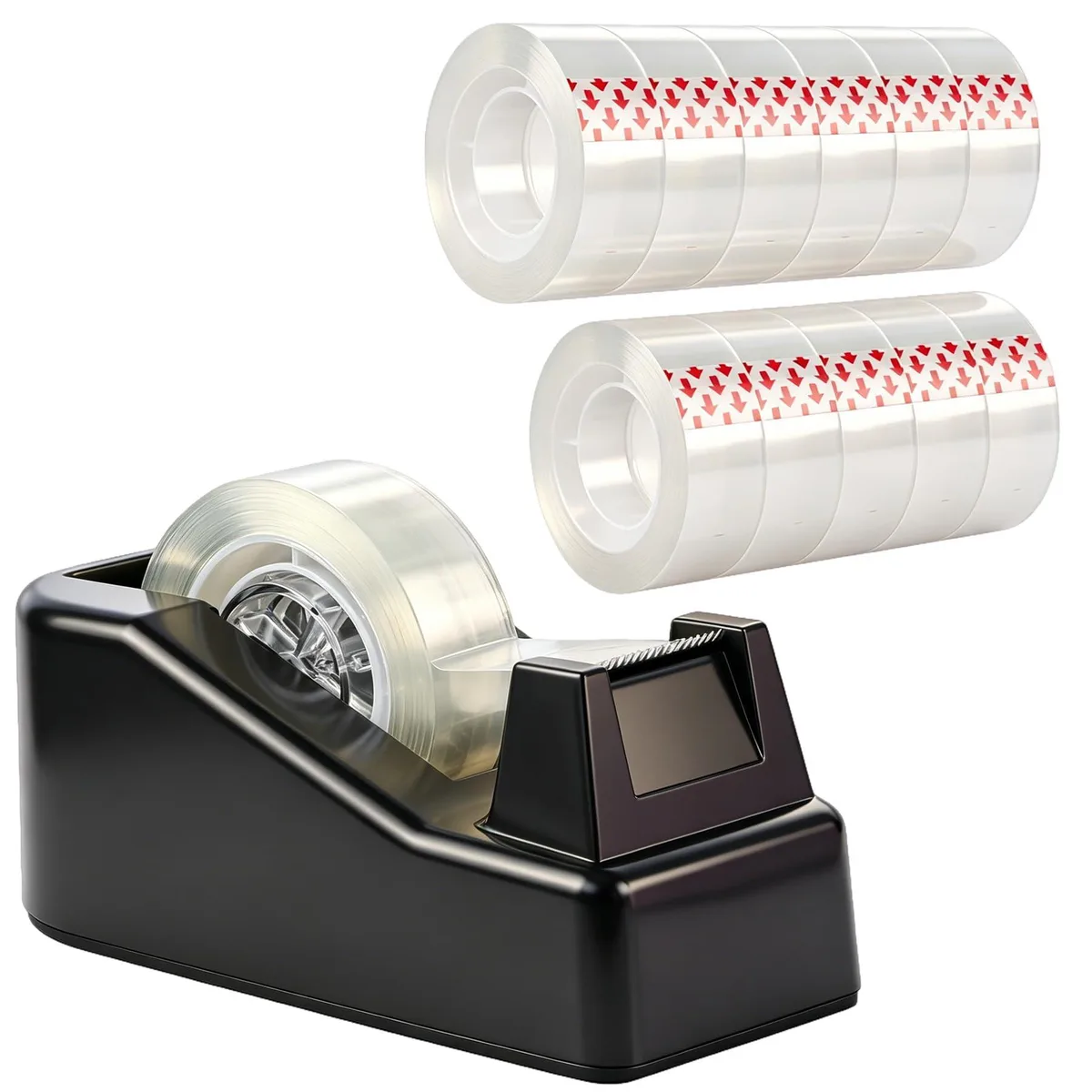  Gwaxise Desktop Tape Dispenser with Weighted Nonskid Base, 12 Rolls Transparent Tape .71 x 1000, Black — product photo