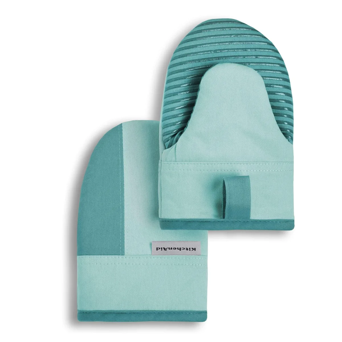 Two aqua mini oven mitts with silicone grip and hanging loops