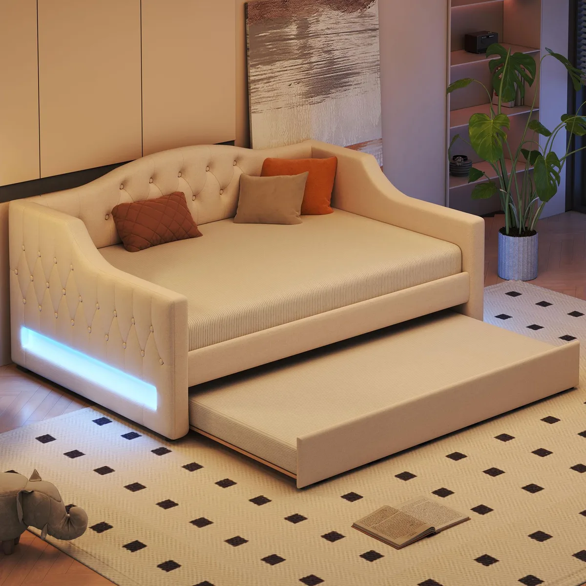 tuphen tuphen Upholstered Full XL Daybed with LED Belt and Trundle, Beige — product photo