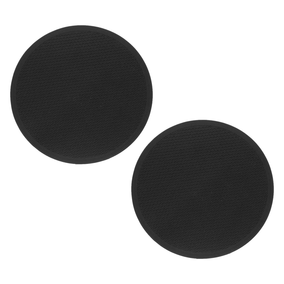 Two round black silicone trivets, 9.8 inches diameter, thin flexible mats with non-slip texture