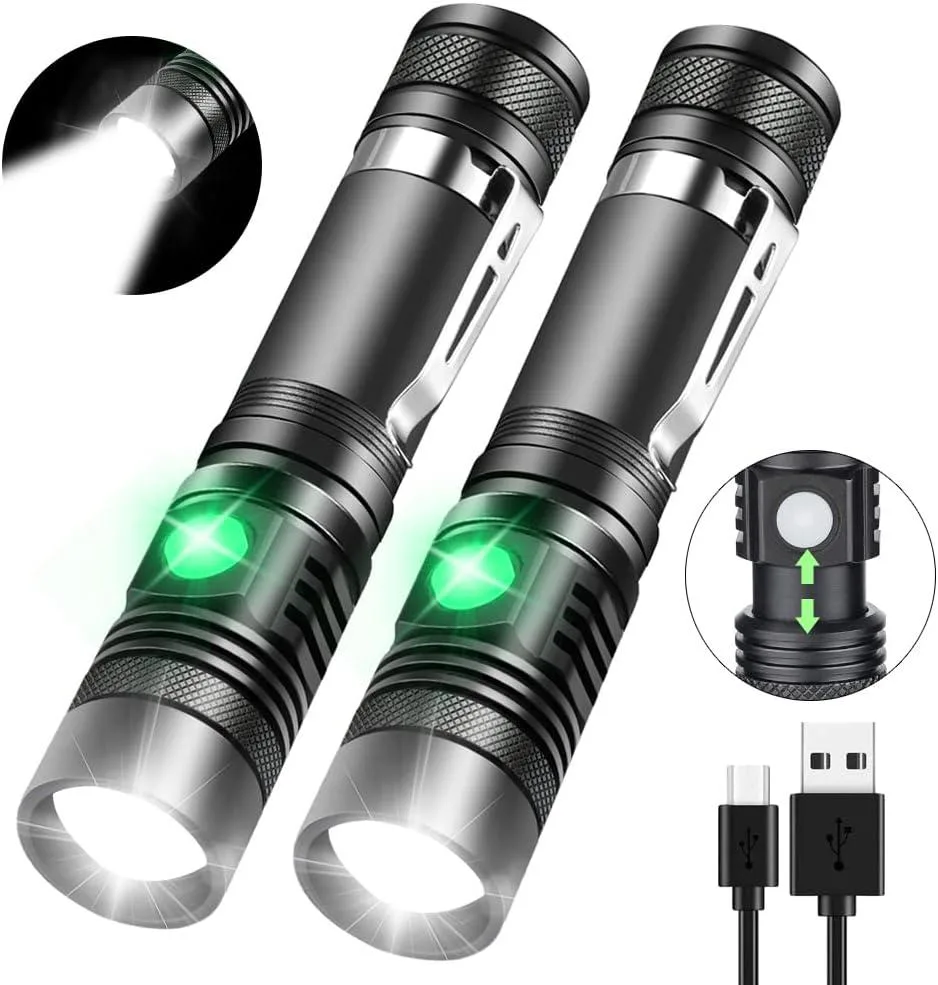 Two compact silver aluminium flashlights with zoom heads and pocket clips