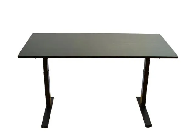 Black electric sit-stand desk frame with rectangular tabletop, dual motors, digital keypad, wide feet