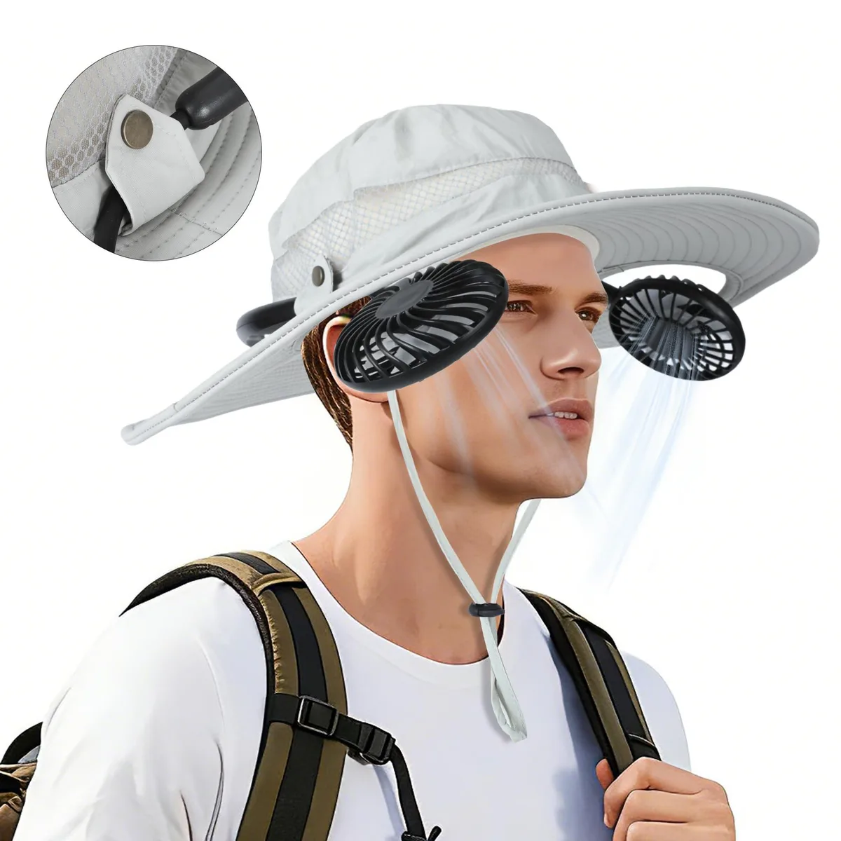 Light grey wide-brim hat with built-in fan and detachable neck fan