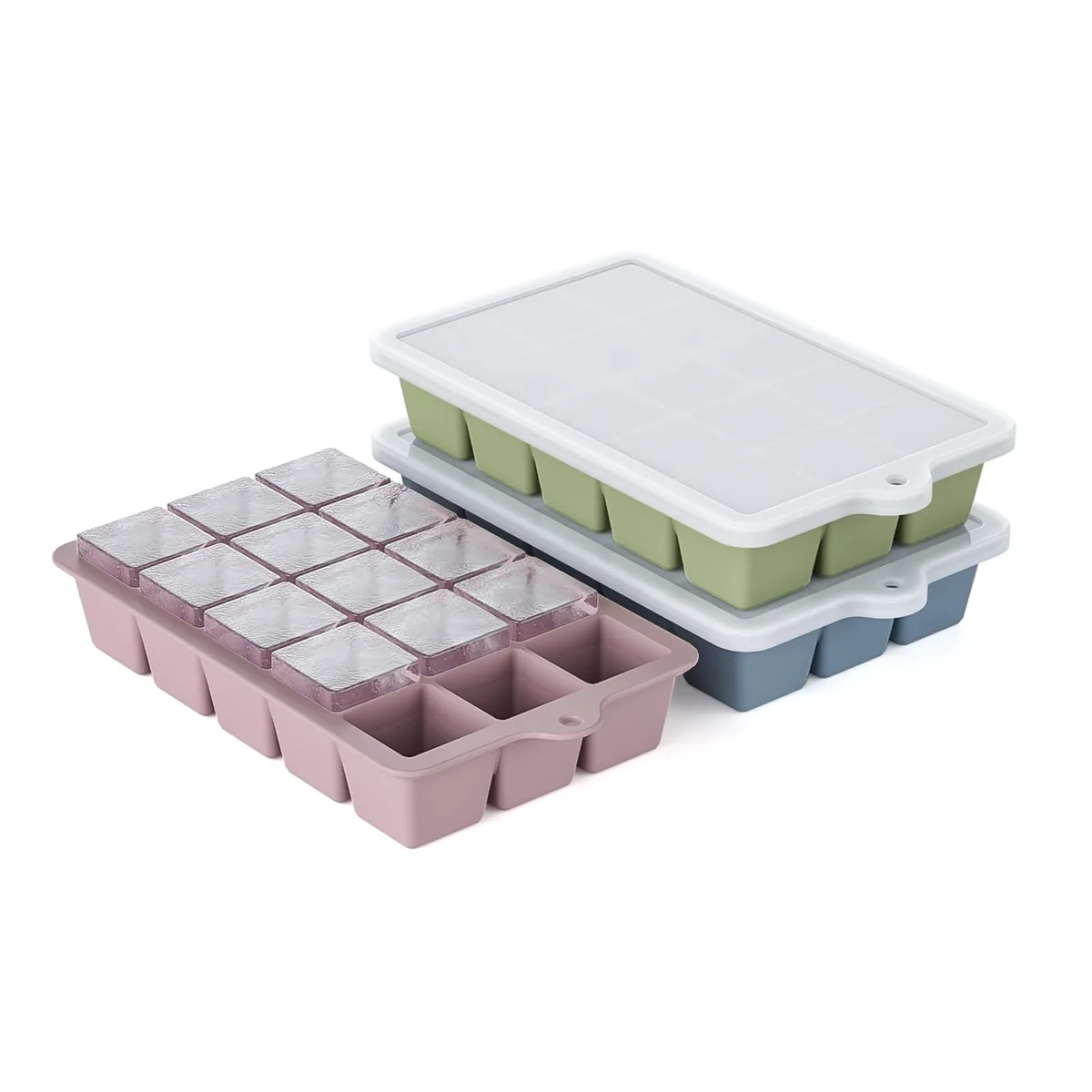 Three blue silicone ice cube trays with lids, square cavities, stacked together