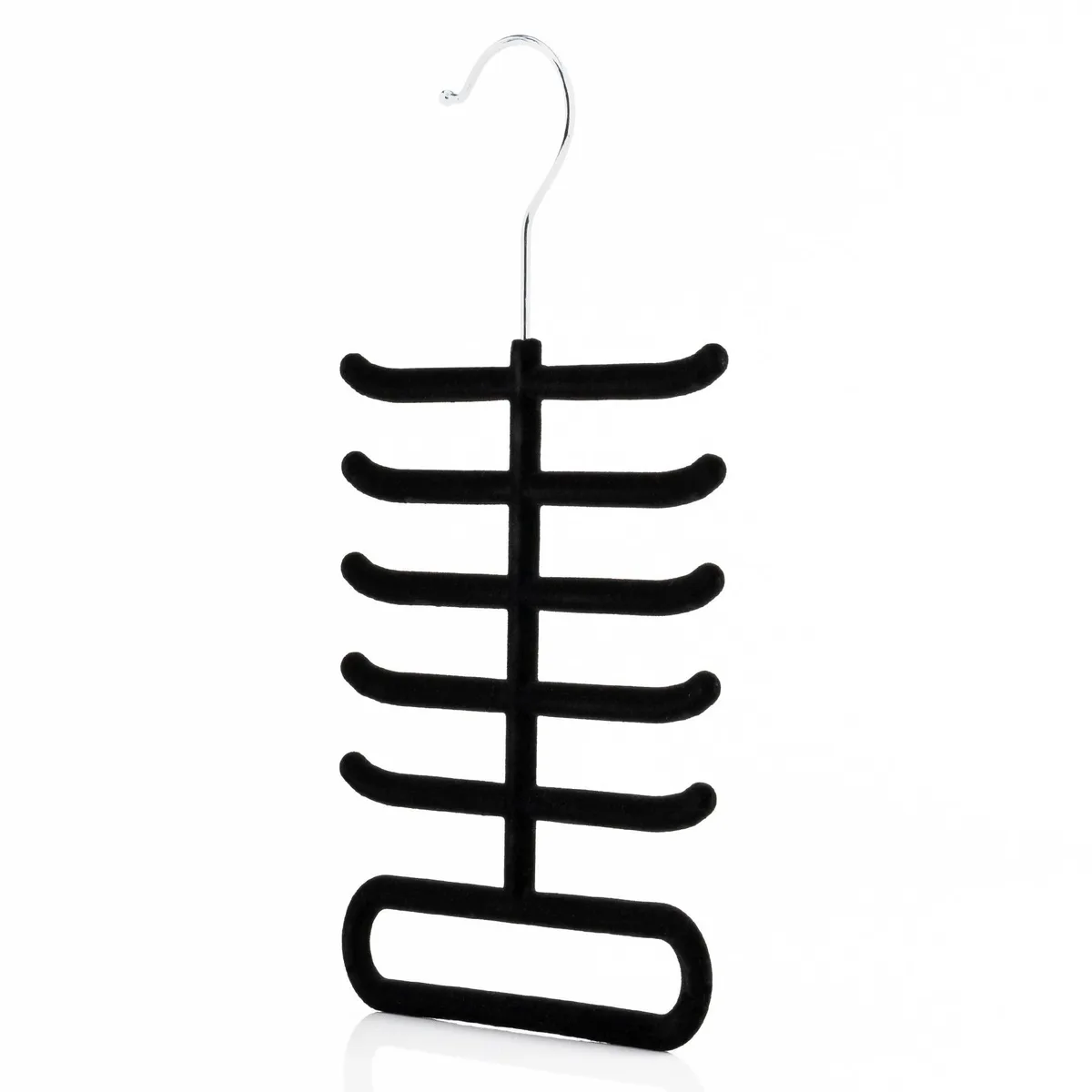 Black flocked metal tie rack with chrome 360° swivel hook, holds 10 ties, 16cm wide by 28cm high