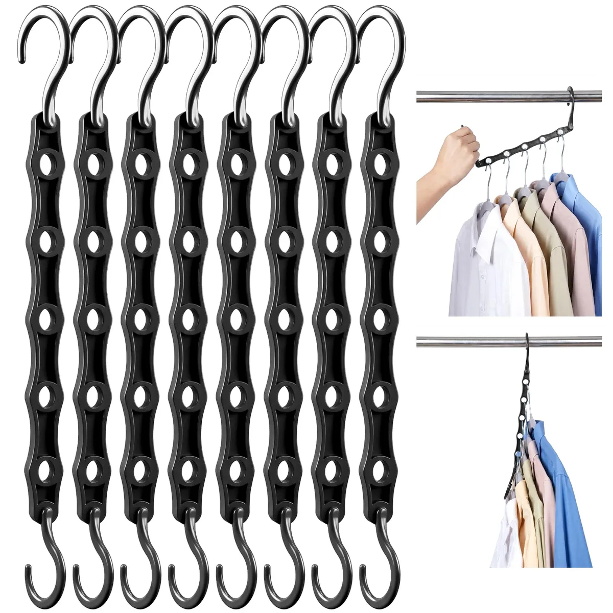 Ten black plastic cascading hangers with rotating hooks and five slots each