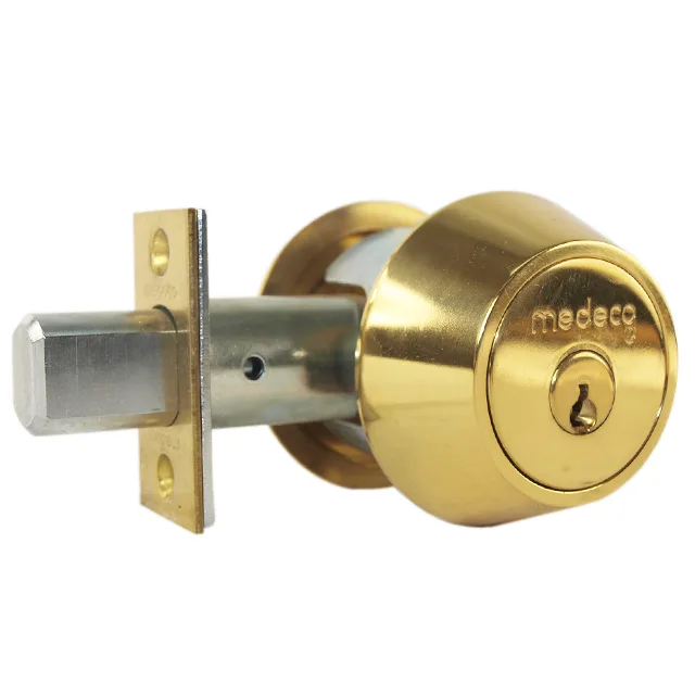 Bright brass double cylinder deadbolt with keyways on both sides