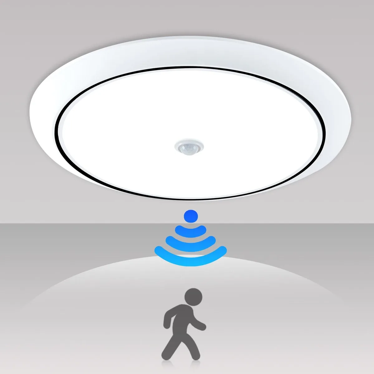 White 9-inch flush-mount LED ceiling light with clear prismatic diffuser and motion sensor