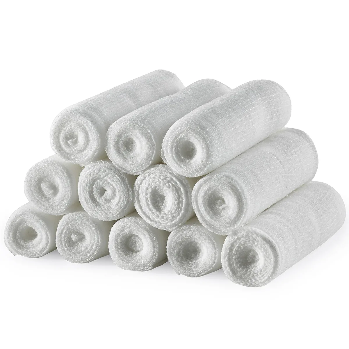 Twelve individually wrapped sterile gauze rolls in white packaging