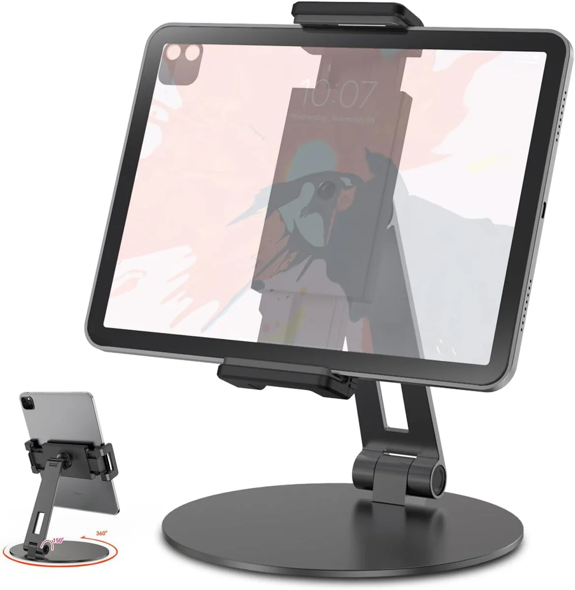 Black aluminium tablet stand with 360° rotating base and adjustable joints