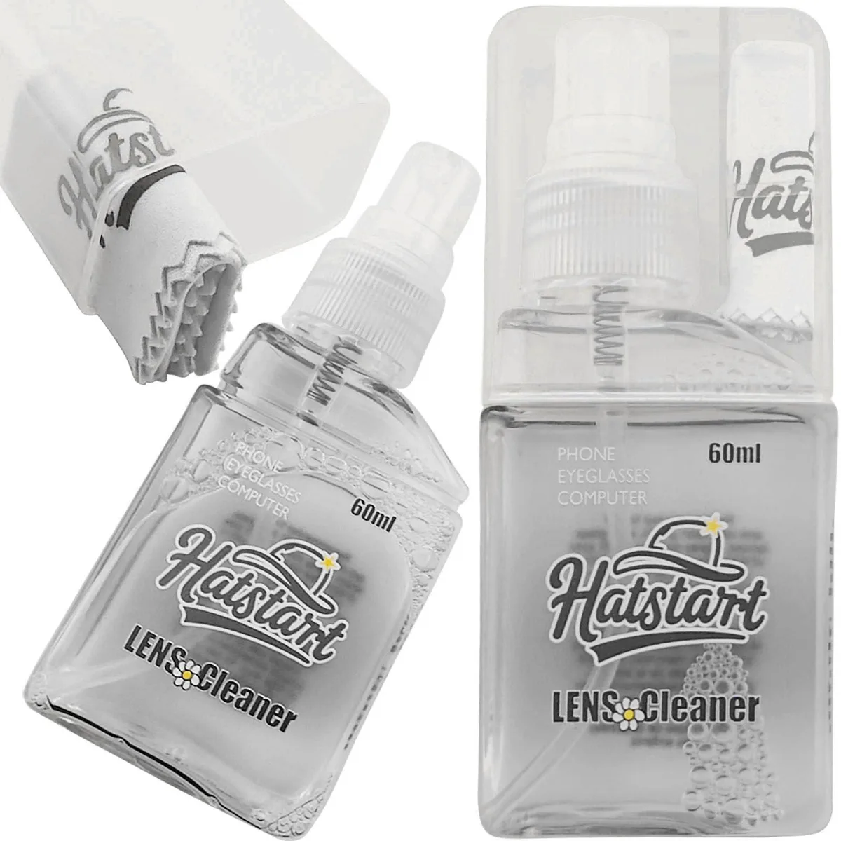 Two grey spray bottles with microfibre cloths stored in lids