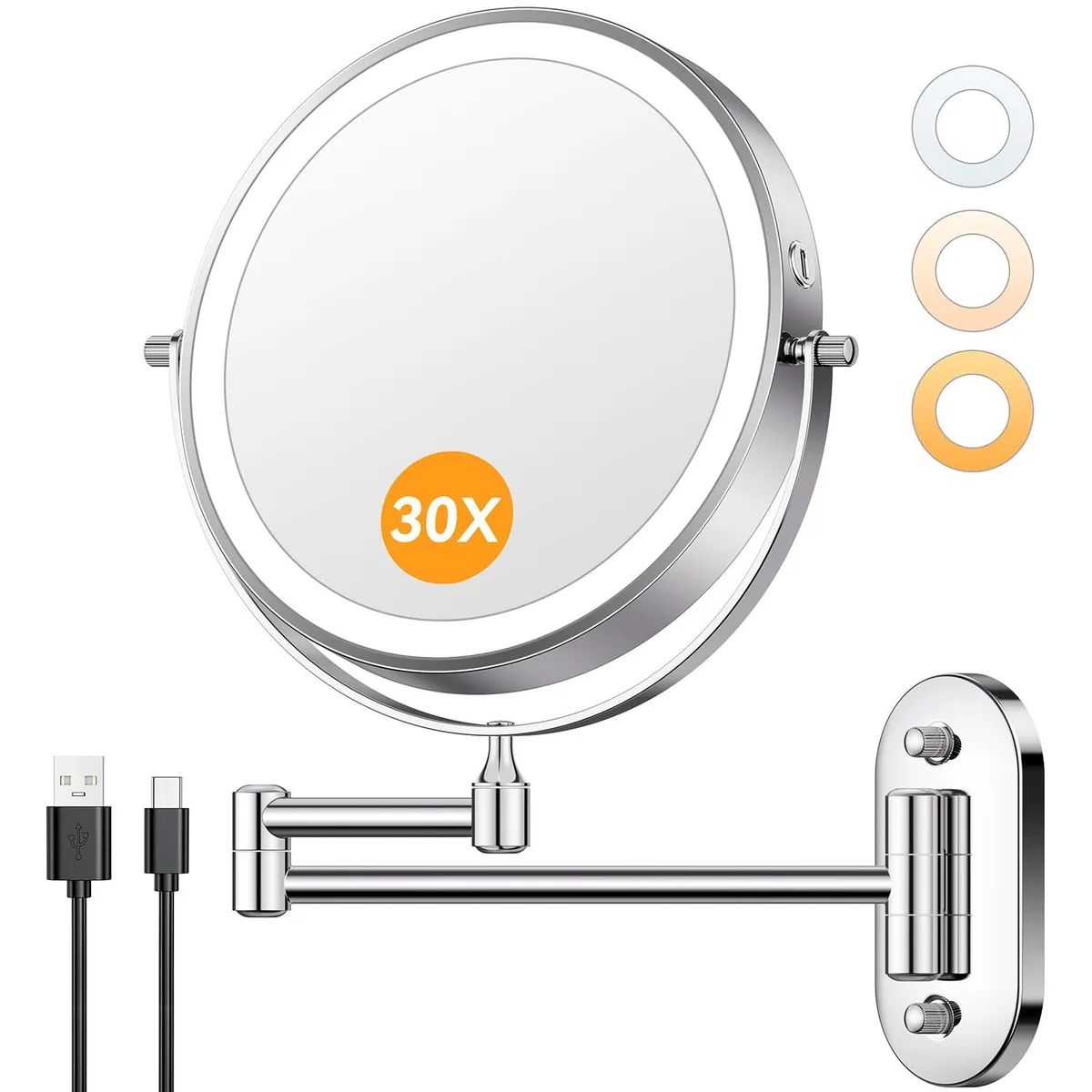 Round chrome wall mirror with extendable arm and LED light ring