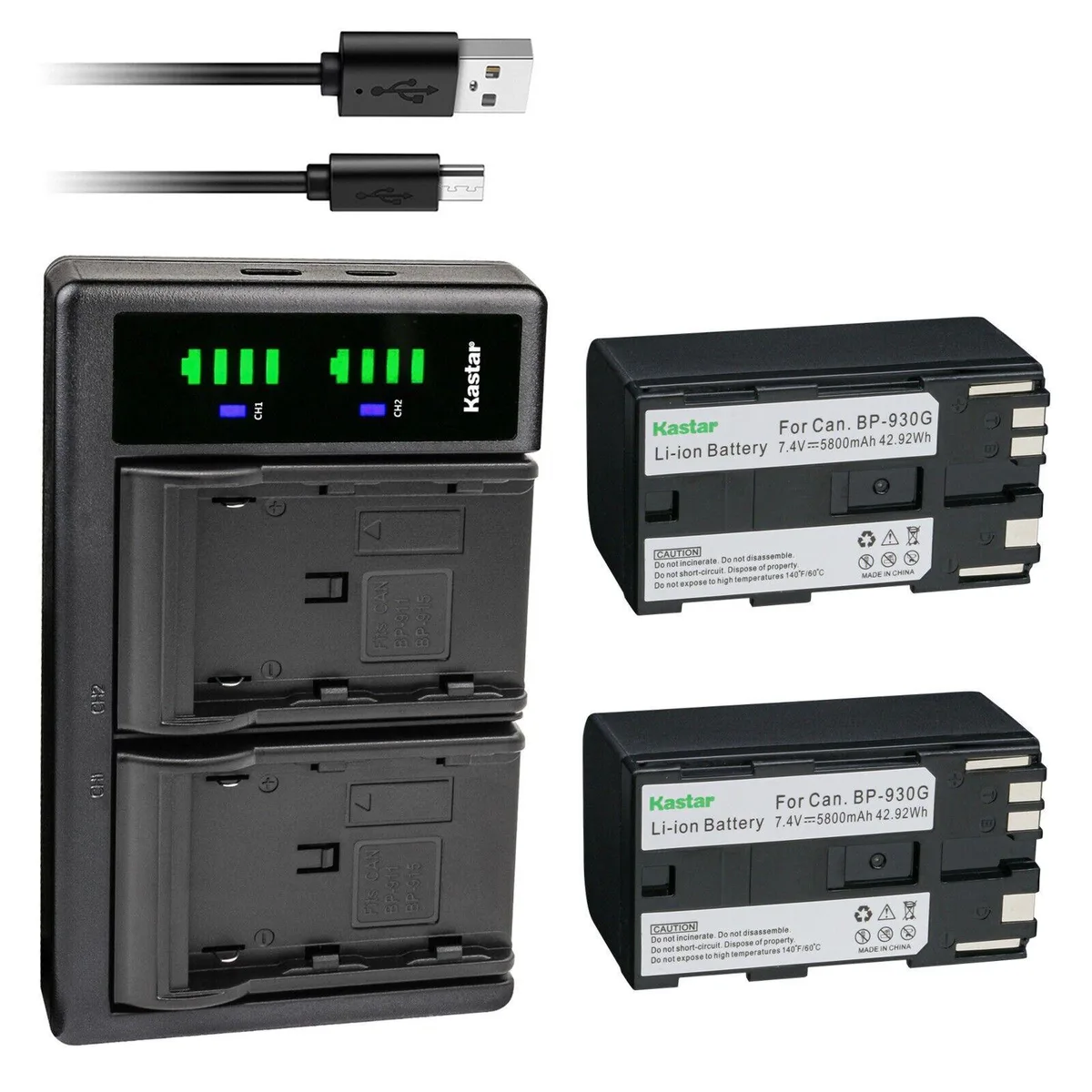 Kastar Kastar BP-930G 2-pack 5800mAh 7.4V Li-Ion camera battery with LTD2 dual USB charger — product photo
