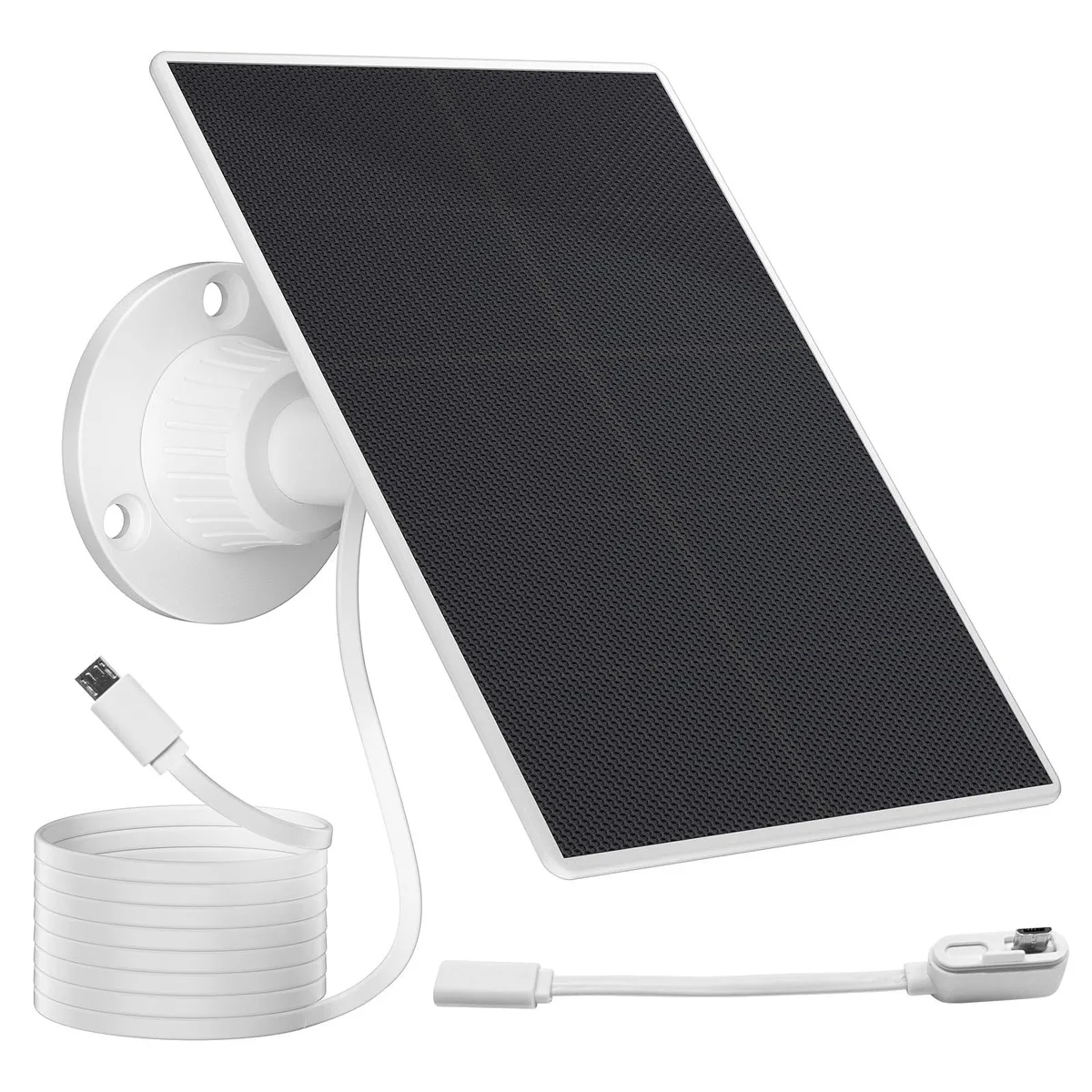 Small square solar panel, dark cells, silver frame, ball joint mount, long flat cable