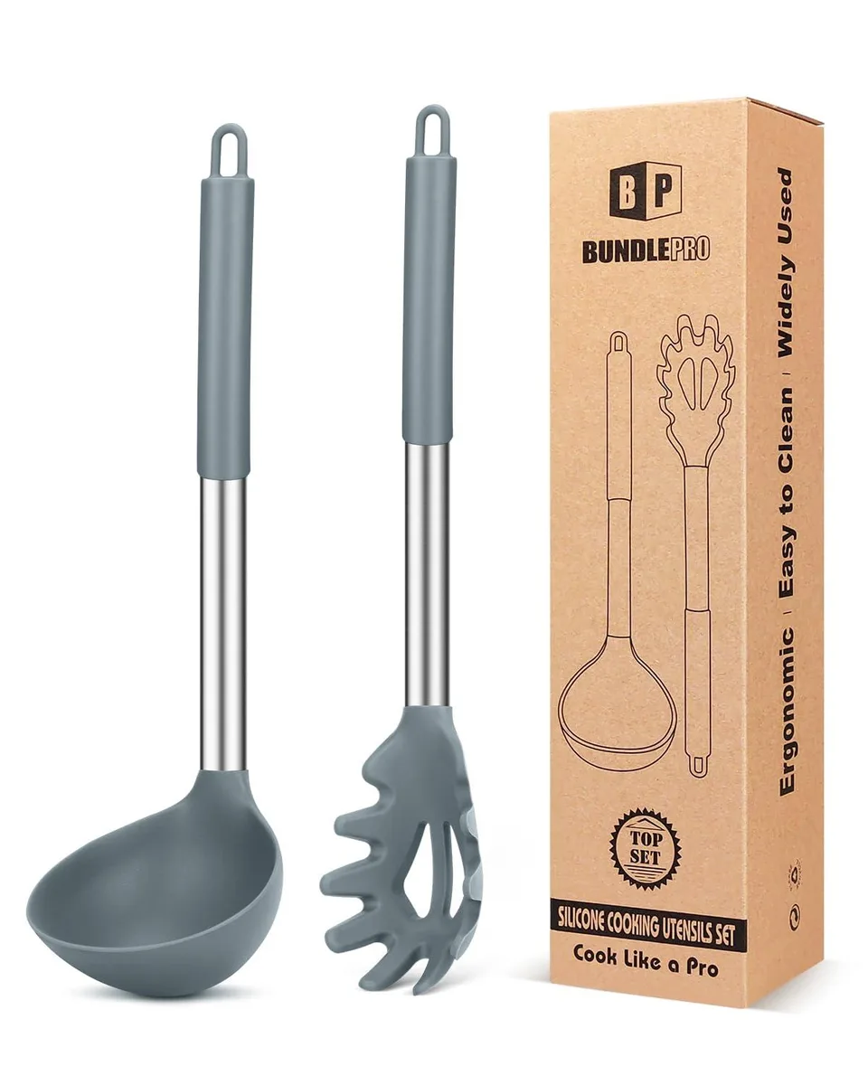 Two grey silicone pasta fork and ladle, 12.2in long with hanging holes