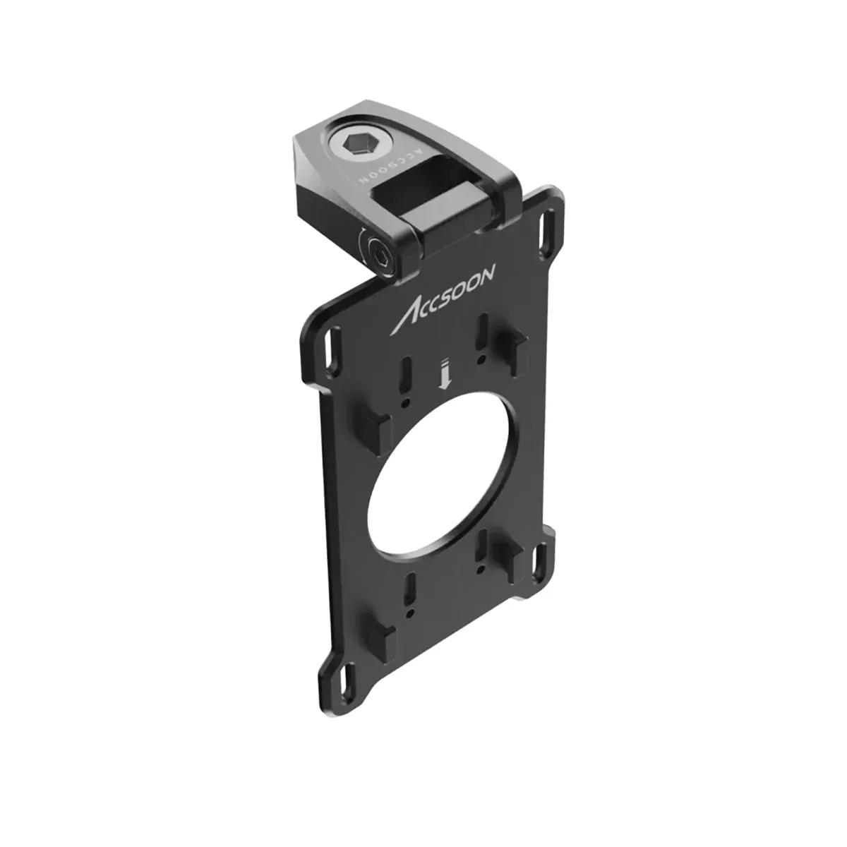 Black aluminum mounting adapter plate with 1/4-20 thread and anti-rotation pin, 38g