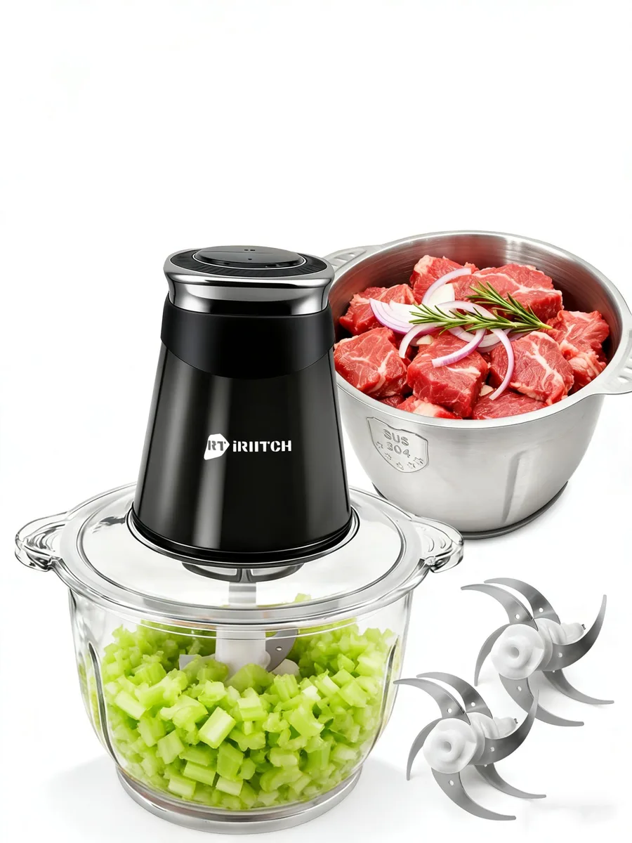 Stainless steel and black electric food processor with dual transparent glass and stainless steel bowls, bi-level blades, safety lock