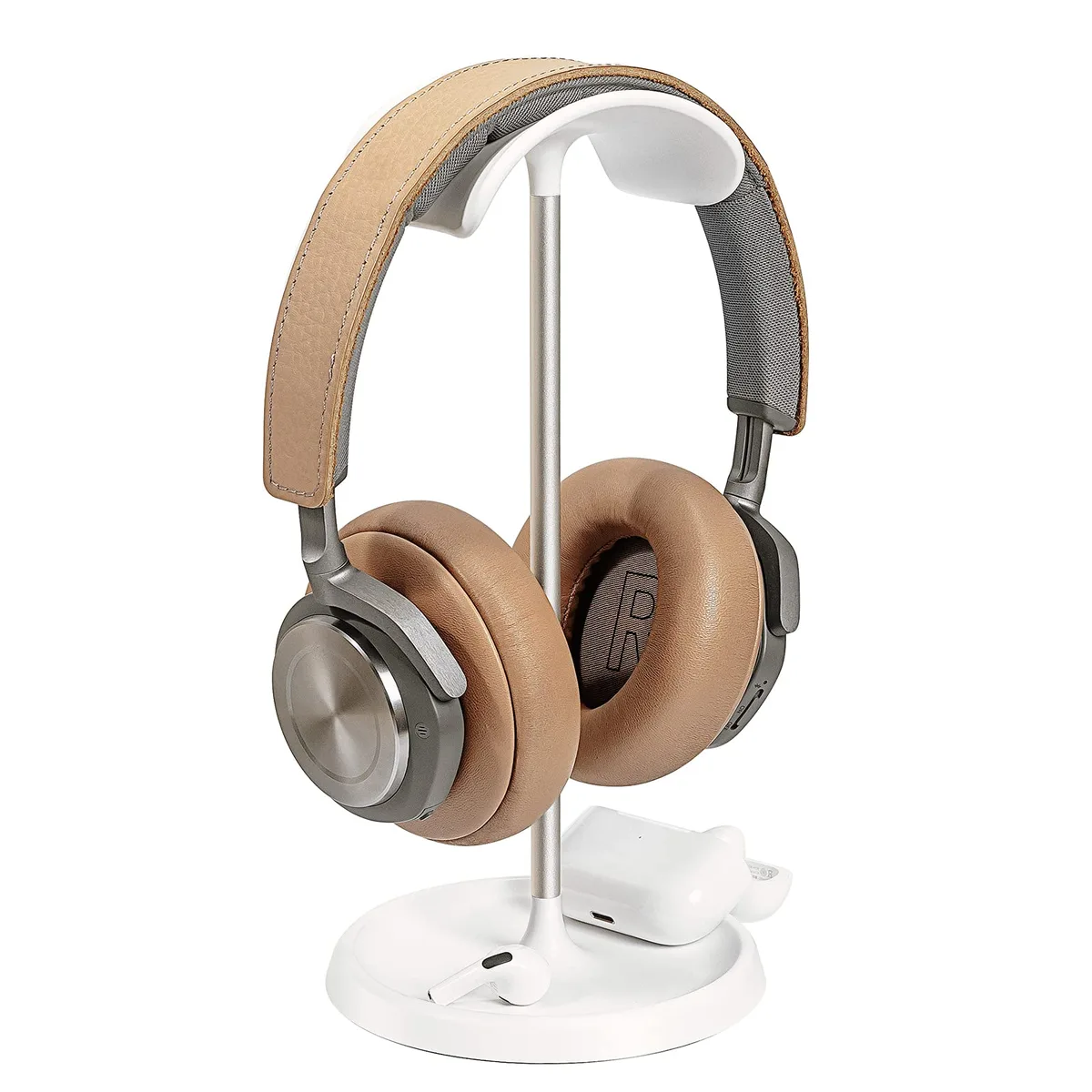 White curved headphone stand with storage tray base