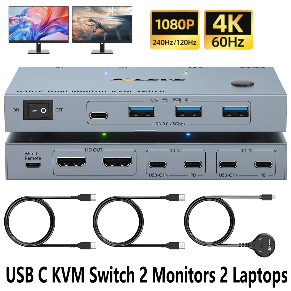 IHDAPP IHDAPP KVMC212H USB-C KVM Switch 2 Monitors 2 Laptops 4K 60Hz 80W PD — product photo