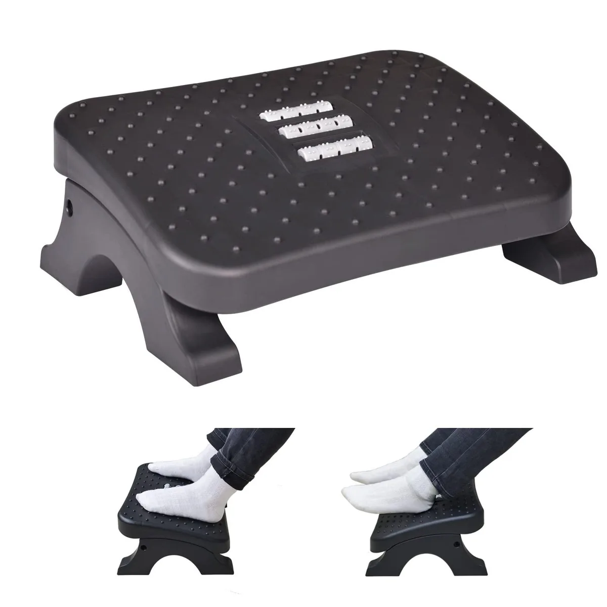 Black leather-topped ergonomic footrest with textured massage rollers, four sturdy legs, rectangular 39x27x15 cm form