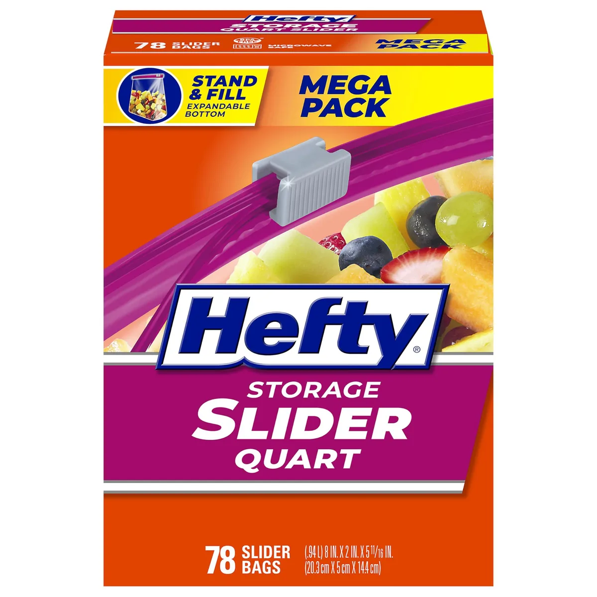 Box of 78 Hefty quart slider bags, clear plastic with coloured sliders