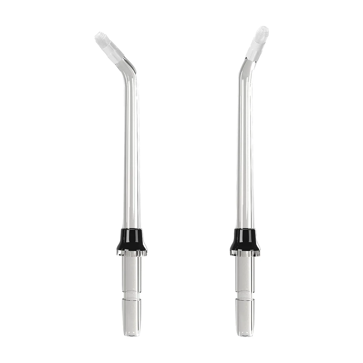 Two white orthodontic water flosser tips with clustered bristles and 360° rotating heads