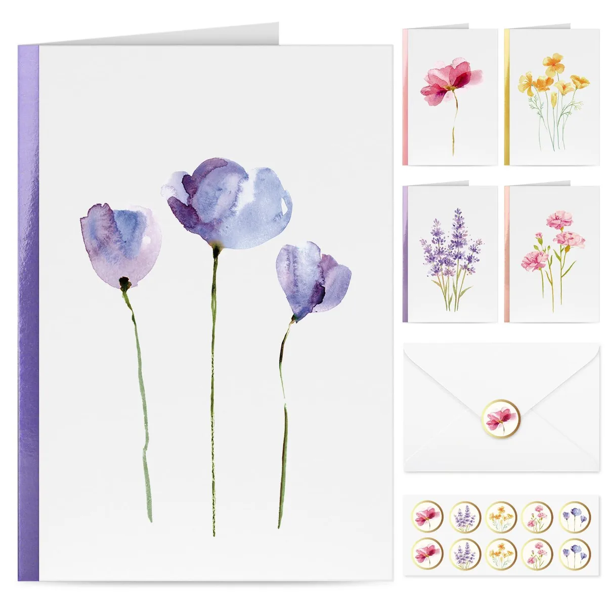 Boxed set of 30 folded floral cards with envelopes and stickers
