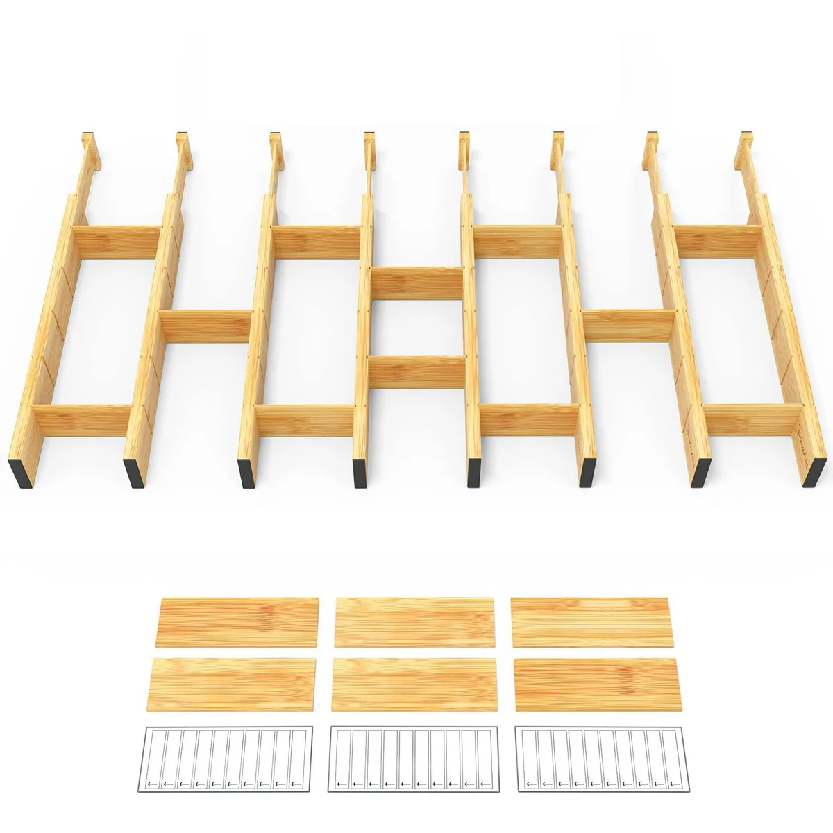 Black bamboo drawer organiser with eight dividers and eighteen inserts, expandable from seventeen to twenty-two inches