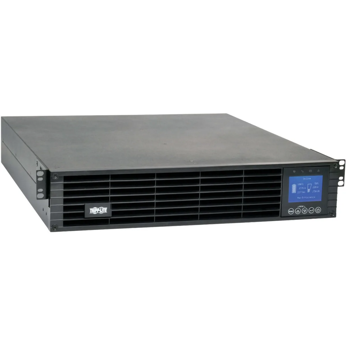 Rack-mount UPS unit with LCD display and multiple outlets