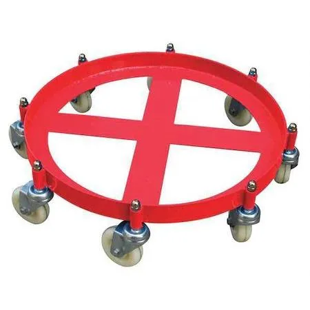 Steel drum dolly, round open deck, powder-coated finish, four-inch caster wheels