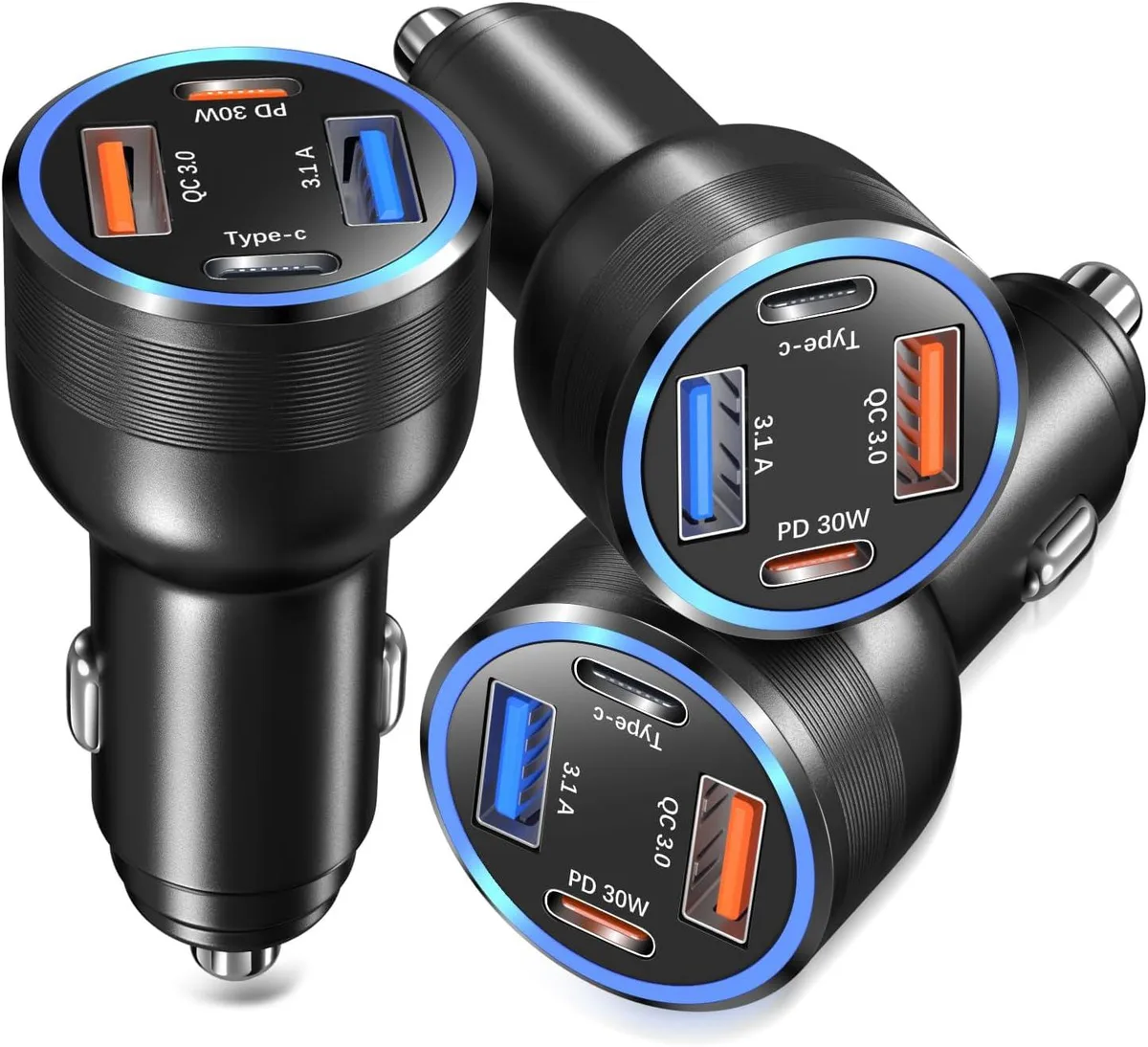 Hamzan Hamzan USB C Car Charger 3 Pack 4-Port 65W Dual 12V QC+PD 3.0 Black — product photo