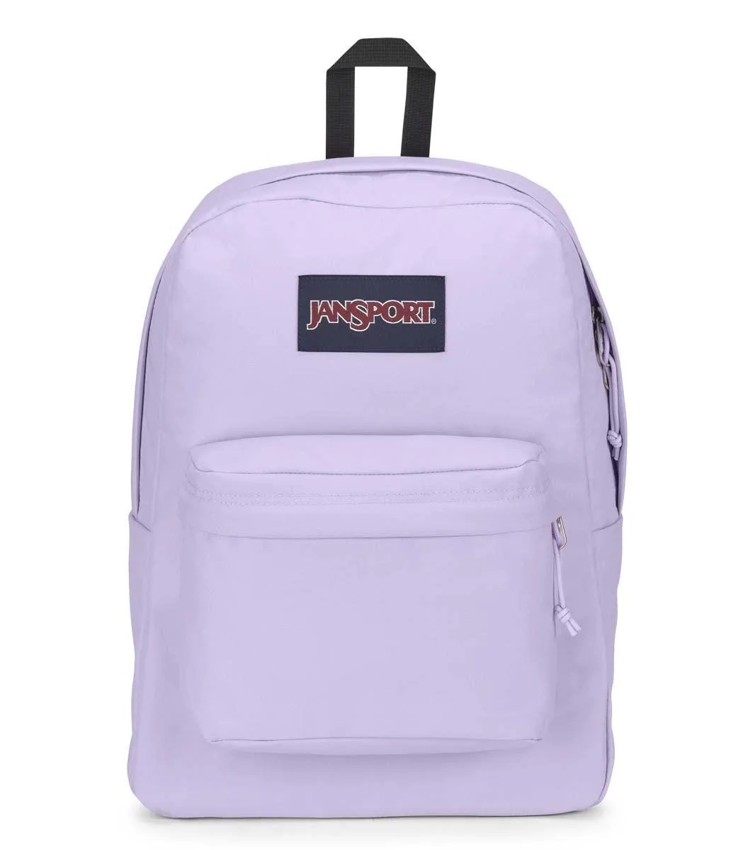 JanSport SuperBreak One backpack in pastel lilac polyester, rectangular shape with front pocket and web handle
