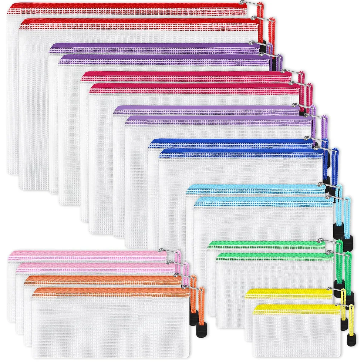 Set of 20 medium beige mesh zipper pouches in multiple sizes