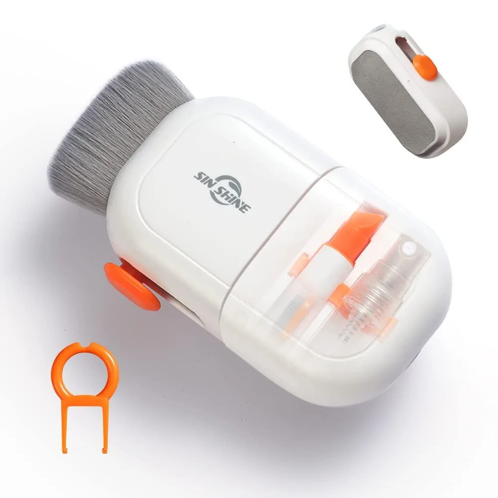 White rectangular box containing brushes, cloths, wipes, gel, spray bottle, key puller and phone holder