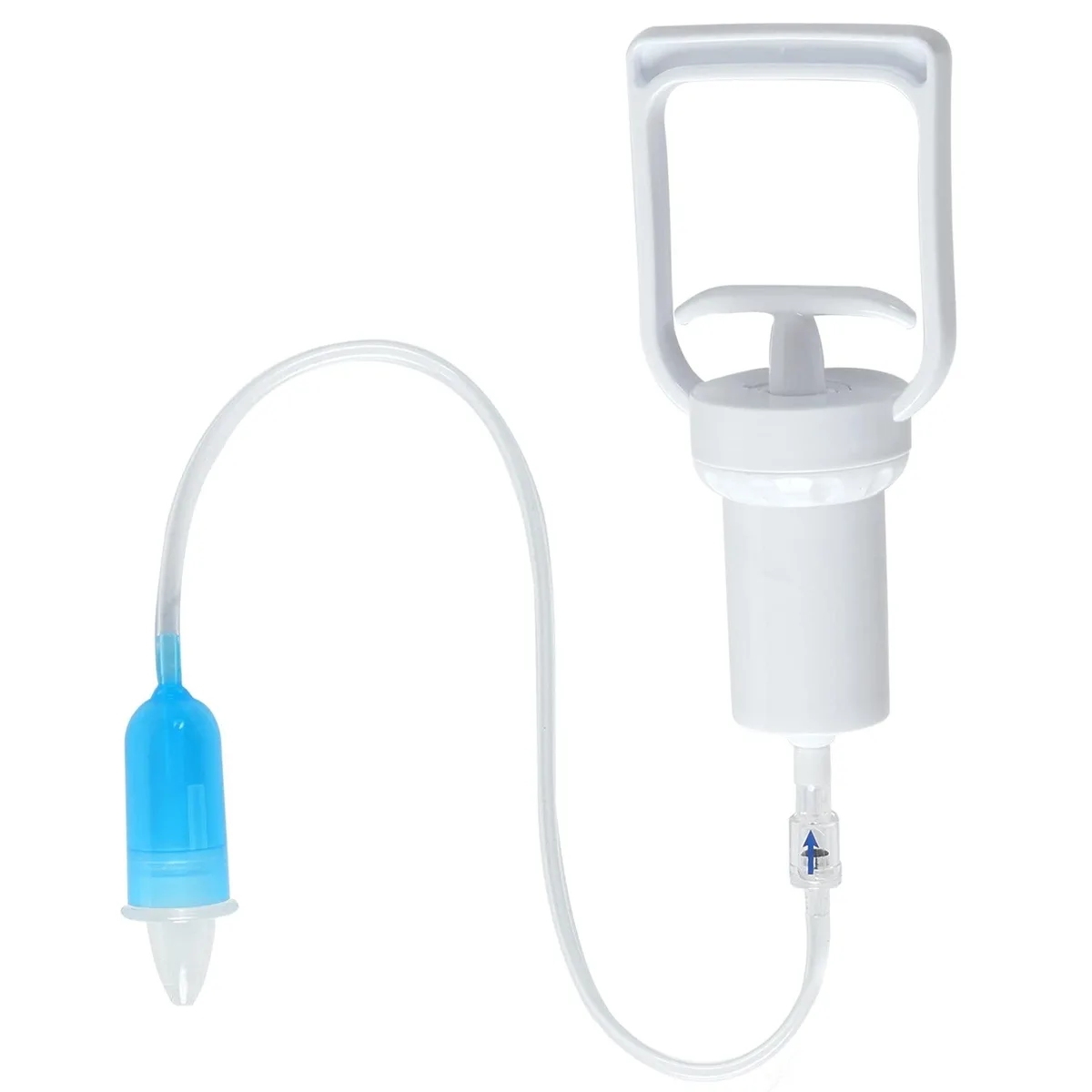 White handheld nasal aspirator with soft silicone tip and clear collection chamber