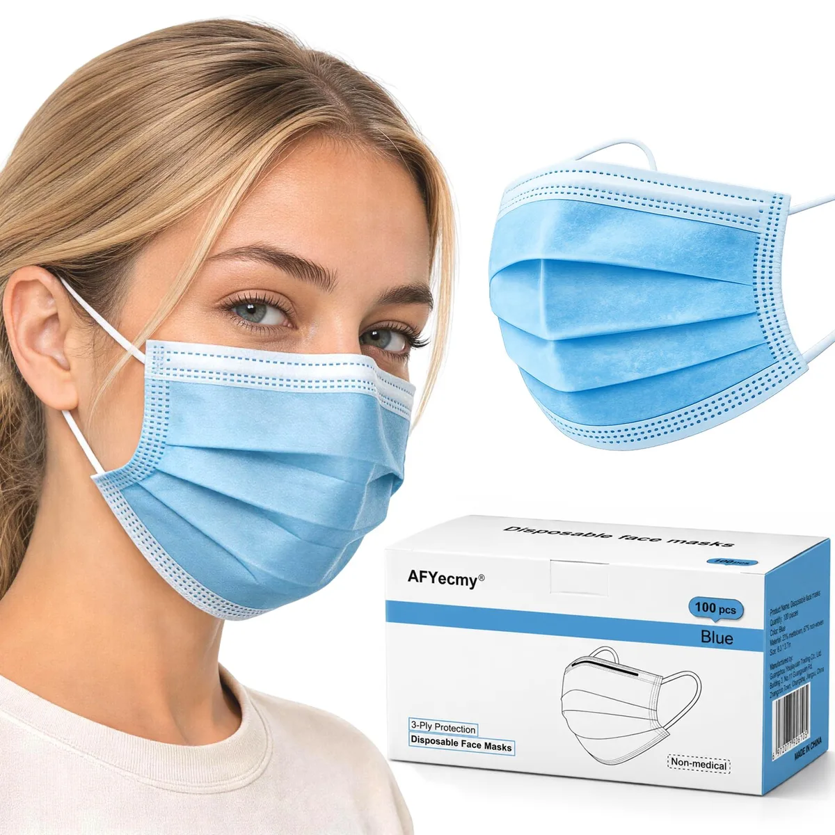 Box of 100 blue disposable 3-ply face masks with earloops and nose clip