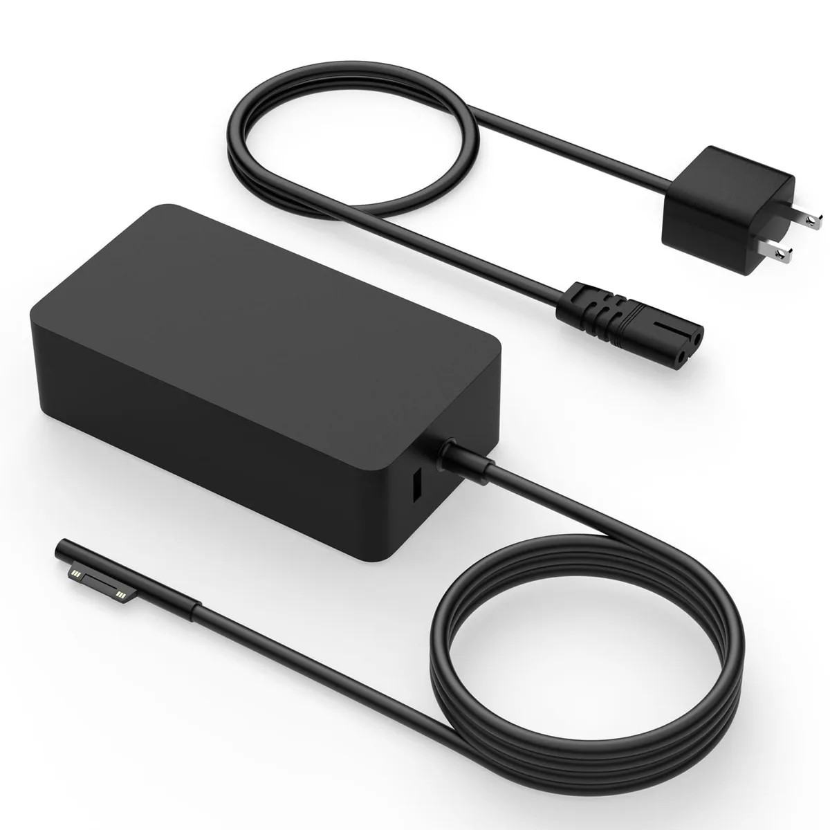 Black rectangular power brick with magnetic connector and USB port, 65W output, 8ft cable