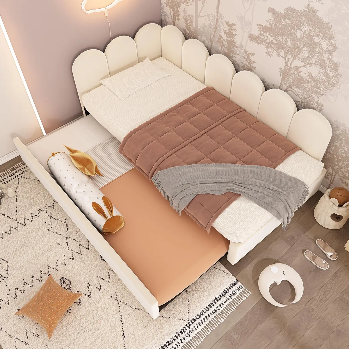 Beige velvet daybed with pull-out trundle and metal slatted frame